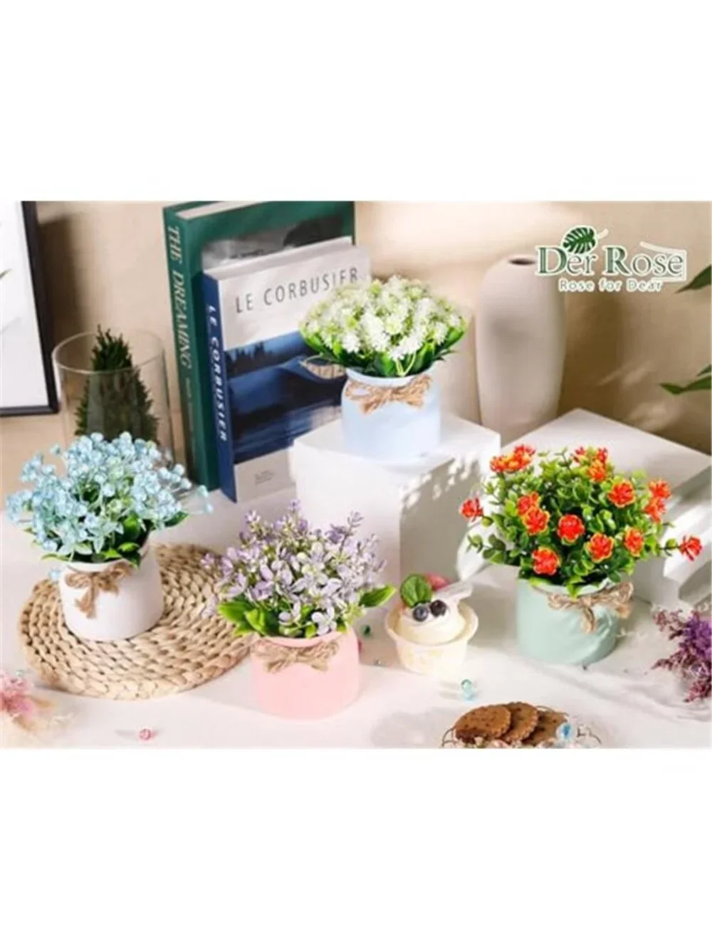Set Of 4 Artificial Potted Plants Faux Flowers Farmhouse Desk Home Decor Color